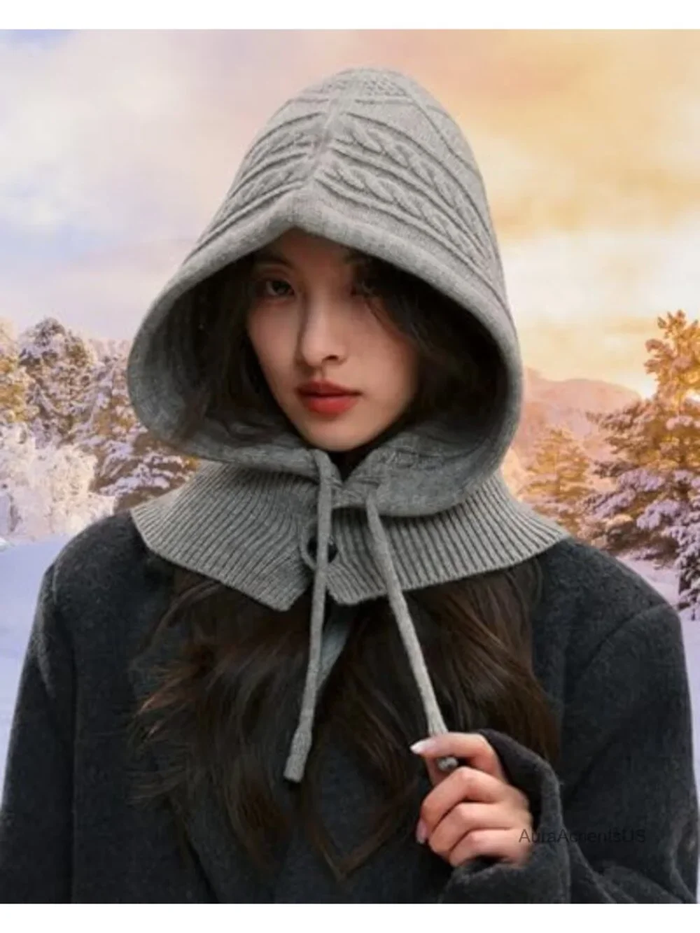 Knit Balaclava Skull Cap Winter Neck Gaiter Adjustable Drawstring Hooded Scarf